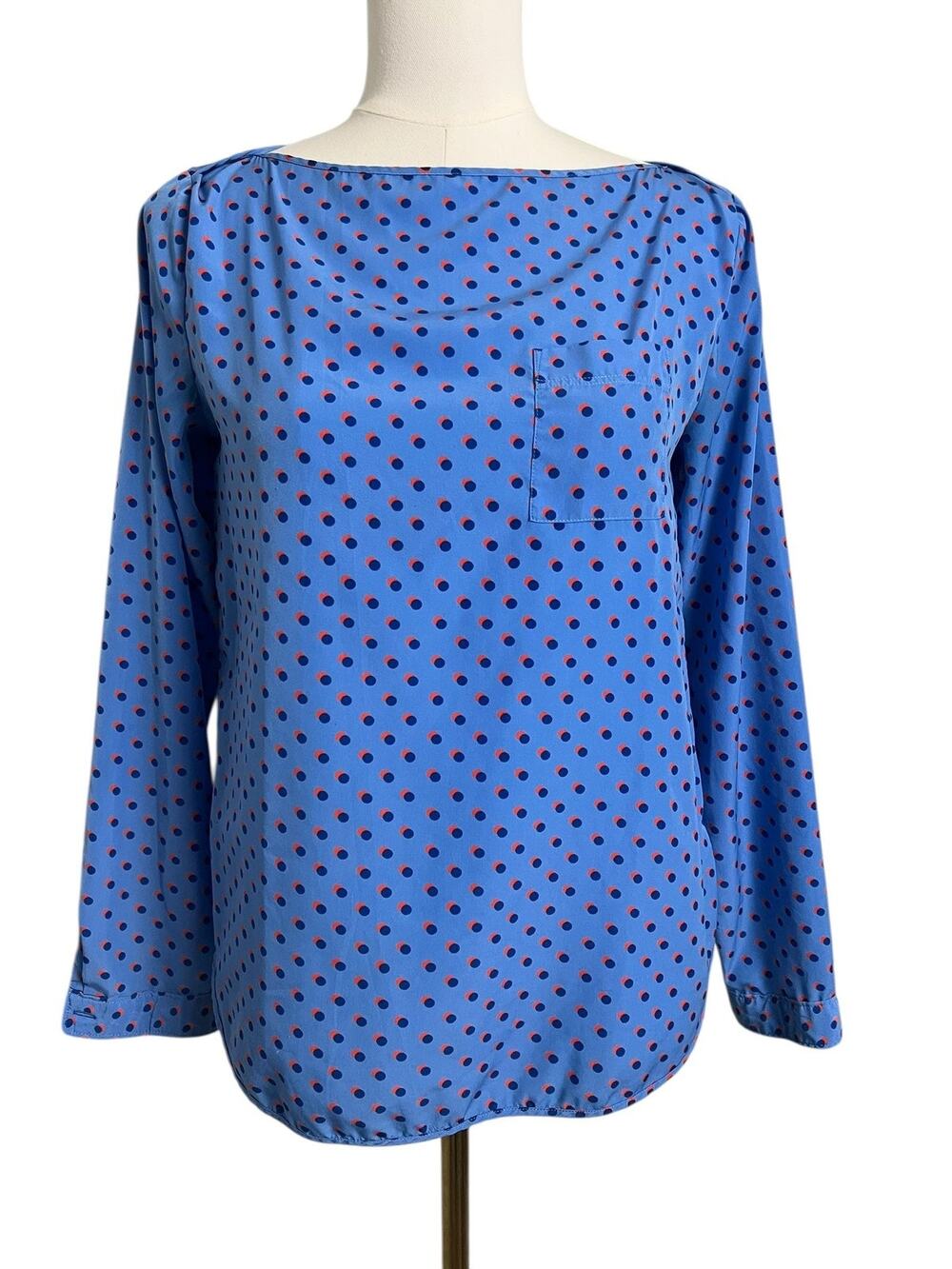 Gap Blouse Womens XS Blue Polka Dot Boat Neck Pocket Top Long Sleeve Basic
